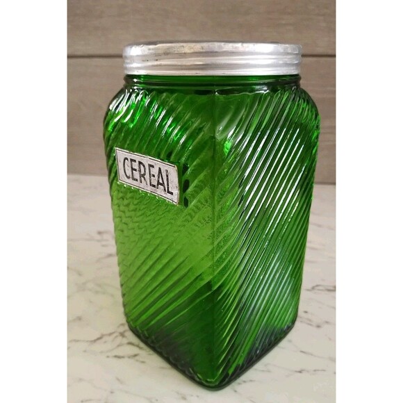 Vintage Owens Illinois Green Ribbed Glass Cereal Canister Depression Glass - Picture 3 of 9